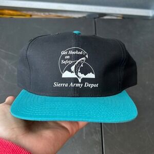 Vintage Sierra Army Depot Fishing Get‎ Hooked on Safety Snapback Hat Black Teal